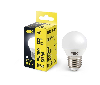 Лампа светодиодная G45 9Вт шар 4000К нейтр. бел. E27 230В IEK LLE-G45-9-230-40-E27